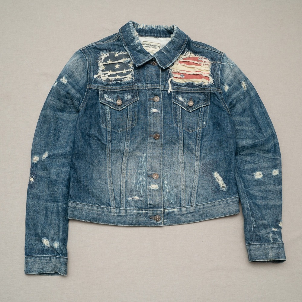 Vintage Ralph Lauren Denim & Supply American Flag Distressed Denim Jacket Large